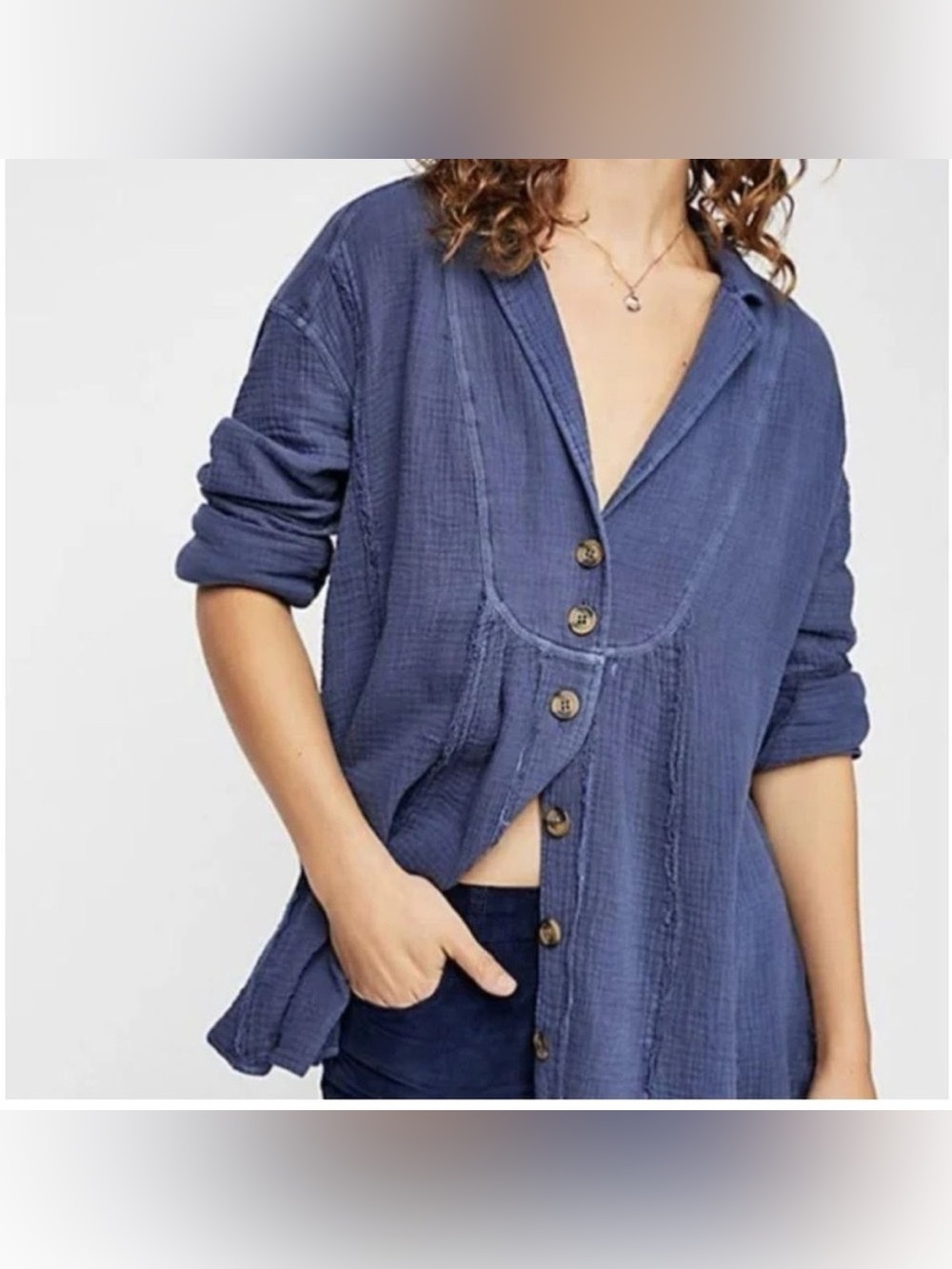 Free People Textured Blue Button-Down Shirt